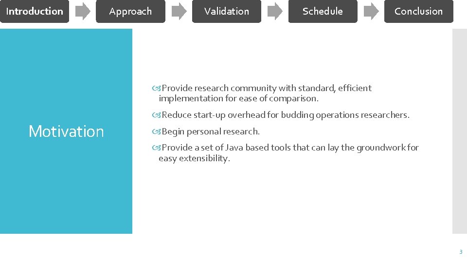 Introduction Approach Validation Schedule Conclusion Provide research community with standard, efficient implementation for ease
