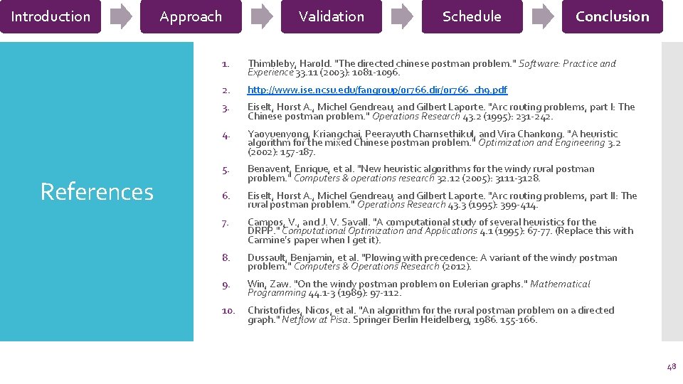 Introduction References Approach Validation Schedule Conclusion 1. Thimbleby, Harold. "The directed chinese postman problem.