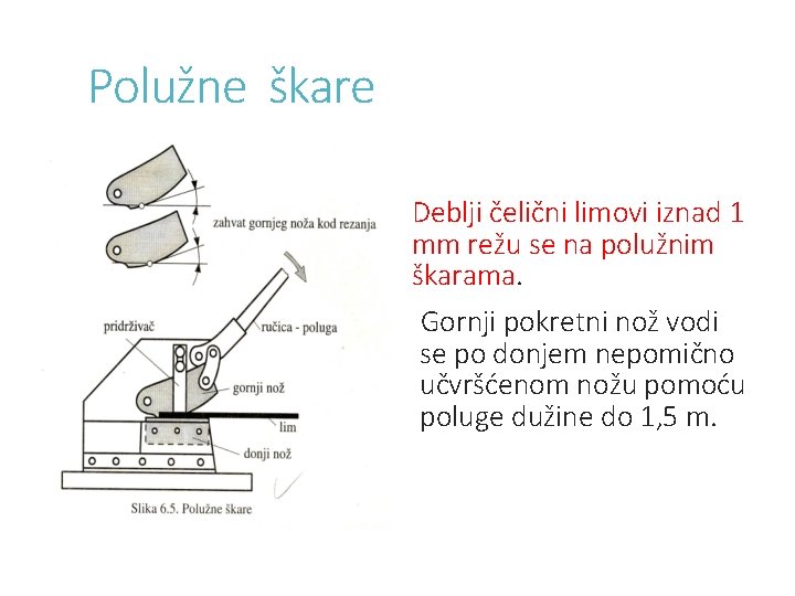 Polužne škare Deblji čelični limovi iznad 1 mm režu se na polužnim škarama. Gornji Polužne škare Deblji čelični limovi iznad 1 mm režu se na polužnim škarama. Gornji