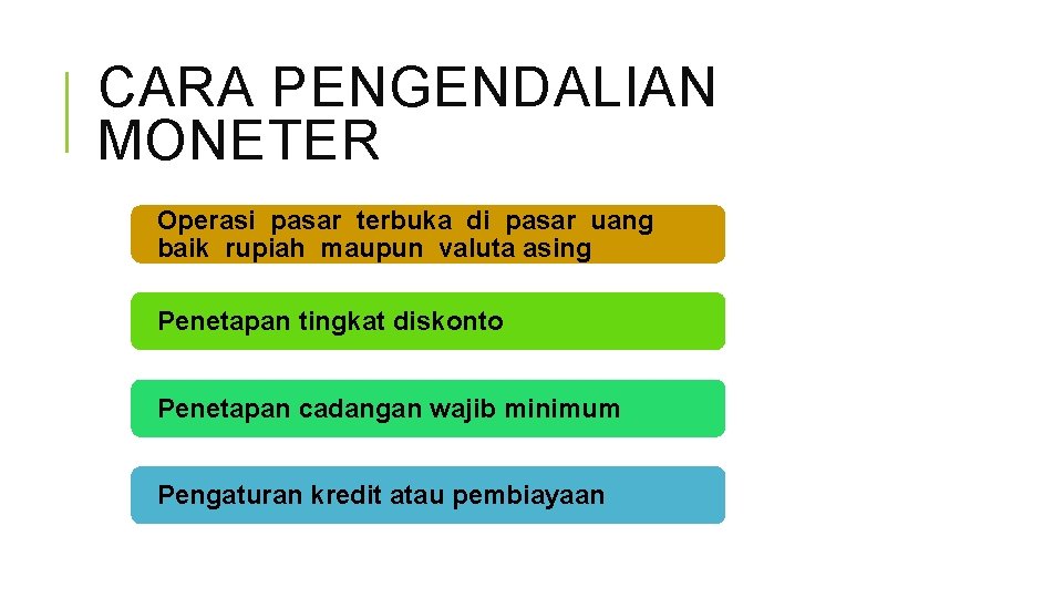 CARA PENGENDALIAN MONETER Operasi pasar terbuka di pasar uang baik rupiah maupun valuta asing