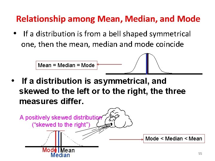 Relationship among Mean, Median, and Mode • If a distribution is from a bell