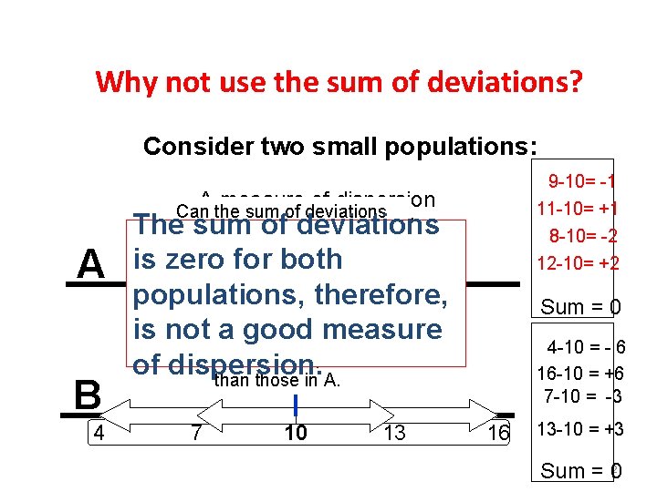 Why not use the sum of deviations? Consider two small populations: 9 -10= -1