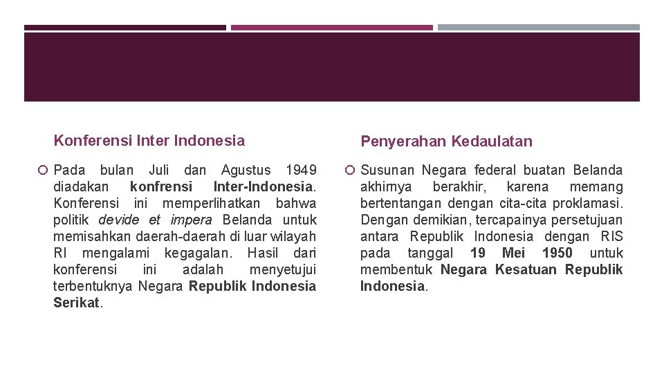 Konferensi Inter Indonesia Pada bulan Juli dan Agustus 1949 diadakan konfrensi Inter-Indonesia. Konferensi ini