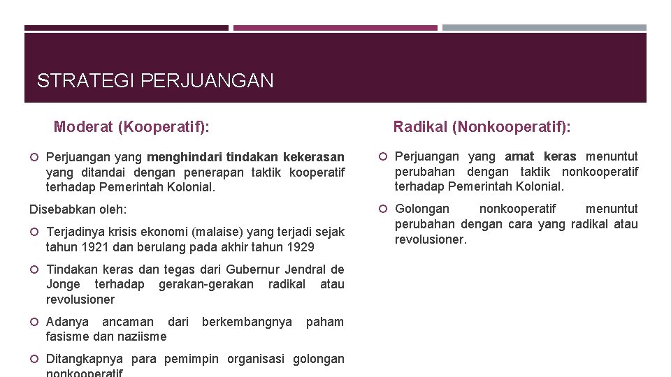 STRATEGI PERJUANGAN Radikal (Nonkooperatif): Moderat (Kooperatif): Perjuangan yang menghindari tindakan kekerasan Perjuangan yang amat