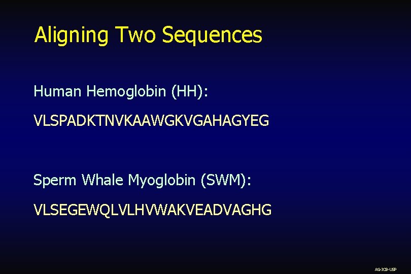 Aligning Two Sequences Human Hemoglobin (HH): VLSPADKTNVKAAWGKVGAHAGYEG Sperm Whale Myoglobin (SWM): VLSEGEWQLVLHVWAKVEADVAGHG AG-ICB-USP 
