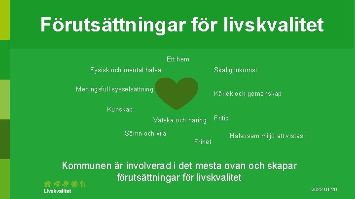 Förutsättningar för livskvalitet Ett hem Fysisk och mental hälsa Skälig inkomst Meningsfull sysselsättning Kärlek