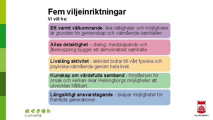 Fem viljeinriktningar Vi vill ha: Ett varmt välkomnande- lika rättigheter och möjligheter är grunden