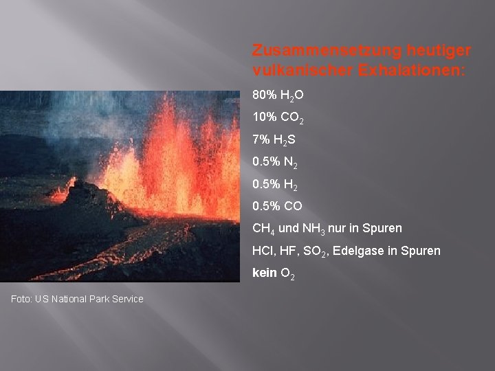 Zusammensetzung heutiger vulkanischer Exhalationen: 80% H 2 O 10% CO 2 7% H 2