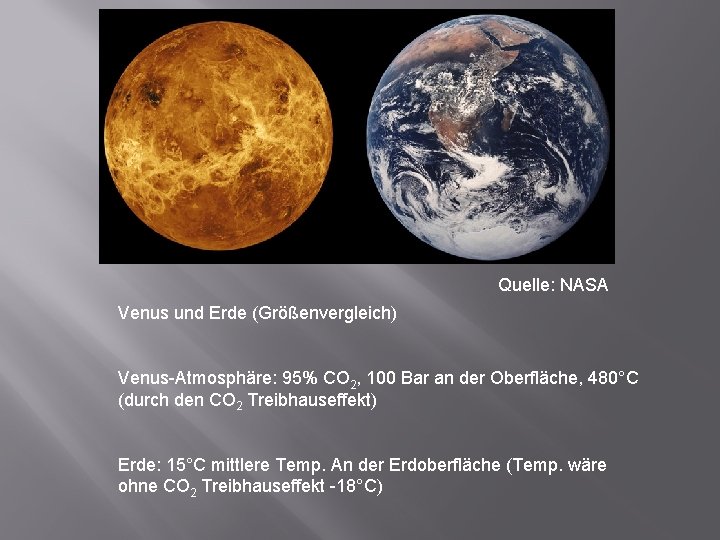 Quelle: NASA Venus und Erde (Größenvergleich) Venus-Atmosphäre: 95% CO 2, 100 Bar an der