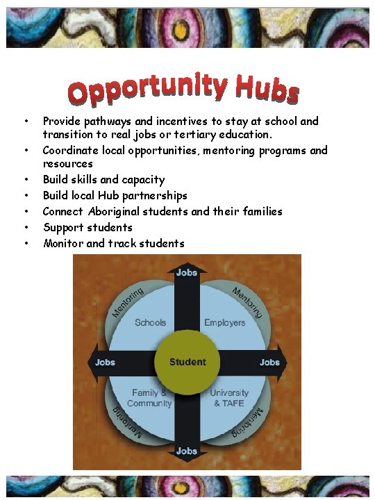  • • Provide pathways and incentives to stay at school and transition to