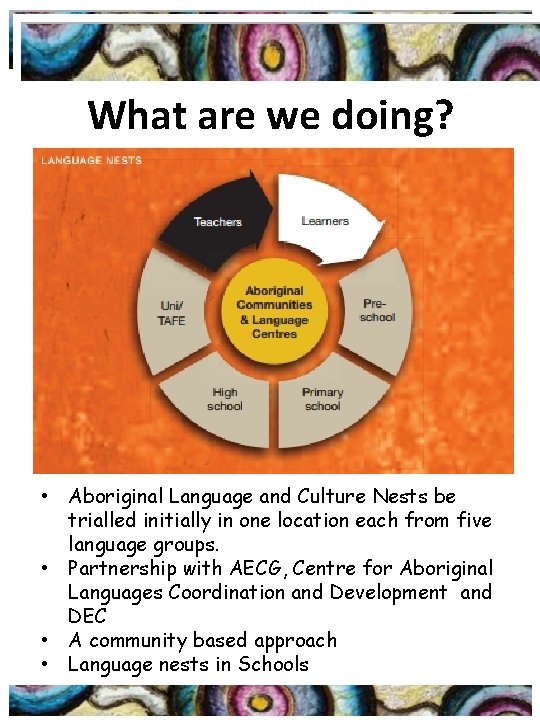 What are we doing? • Aboriginal Language and Culture Nests be trialled initially in