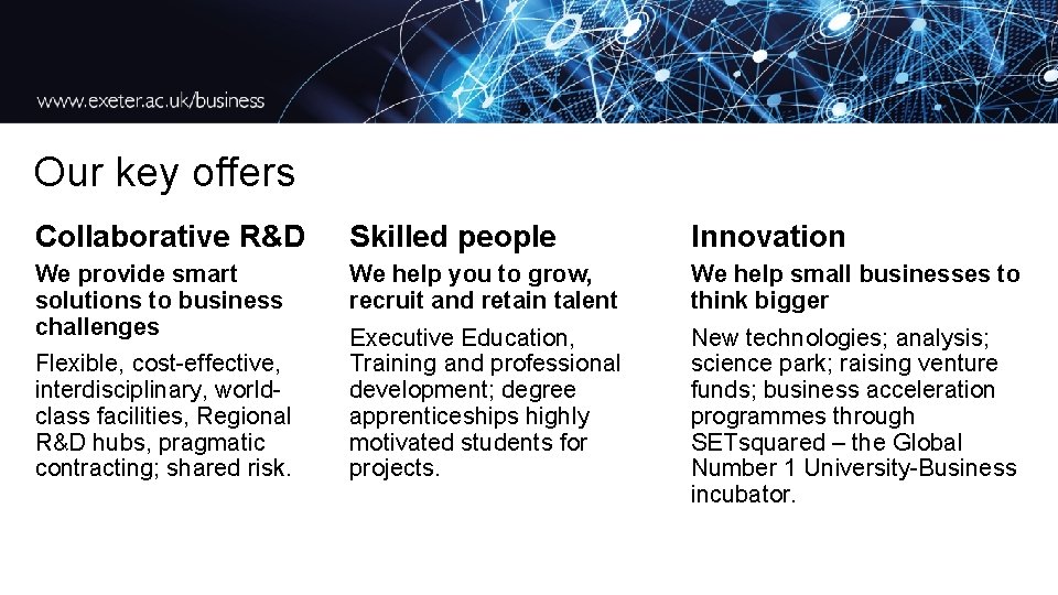 Our key offers Collaborative R&D Skilled people Innovation We provide smart solutions to business