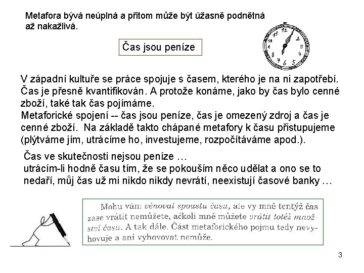 Metafora bývá neúplná a přitom může být úžasně podnětná až nakažlivá. Čas jsou peníze