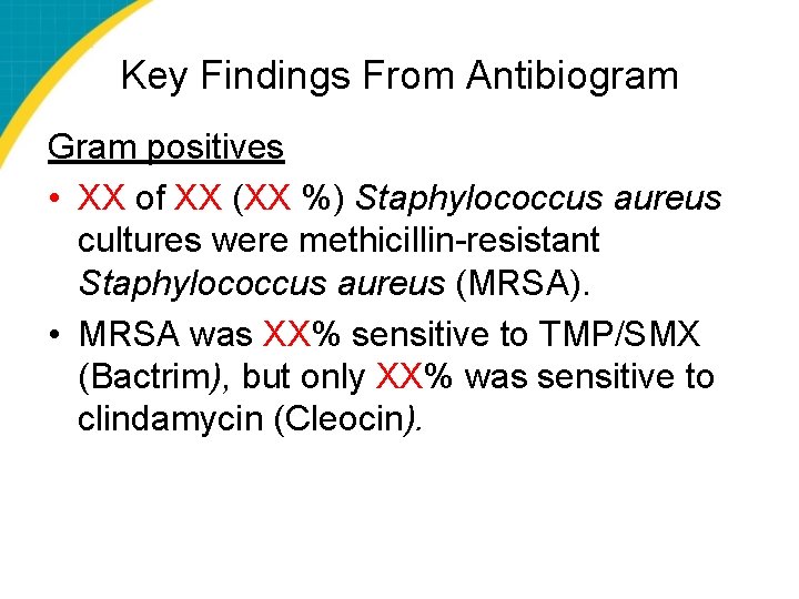 Key Findings From Antibiogram Gram positives • XX of XX (XX %) Staphylococcus aureus