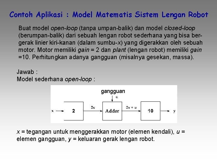 Contoh Aplikasi : Model Matematis Sistem Lengan Robot Buat model open-loop (tanpa umpan-balik) dan