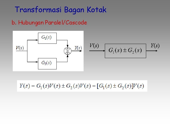 Transformasi Bagan Kotak b. Hubungan Paralel/Cascode V(s) Y(s) 