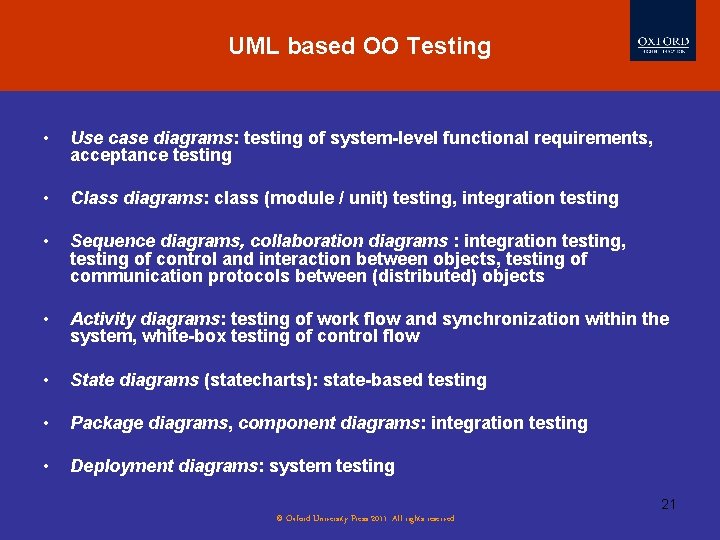 UML based OO Testing • Use case diagrams: testing of system-level functional requirements, acceptance