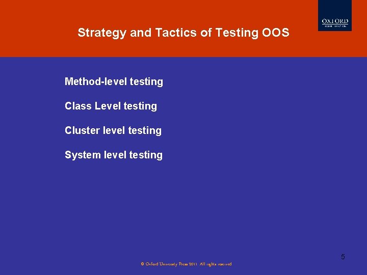 Strategy and Tactics of Testing OOS Method-level testing Class Level testing Cluster level testing