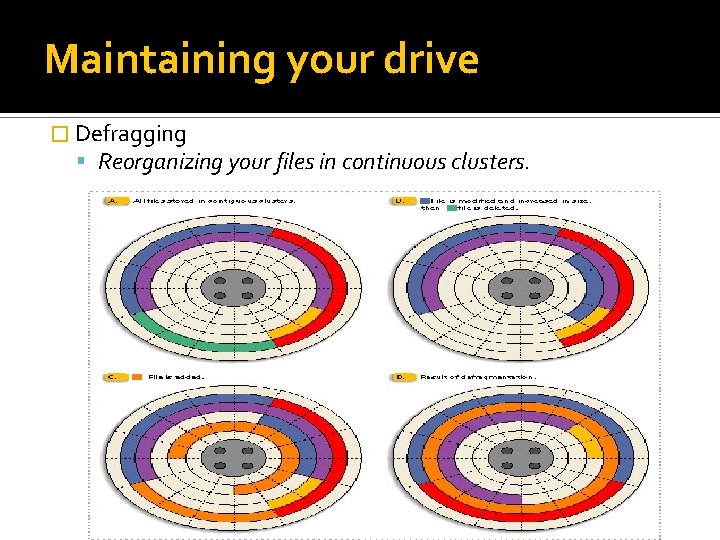 Maintaining your drive � Defragging Reorganizing your files in continuous clusters. 