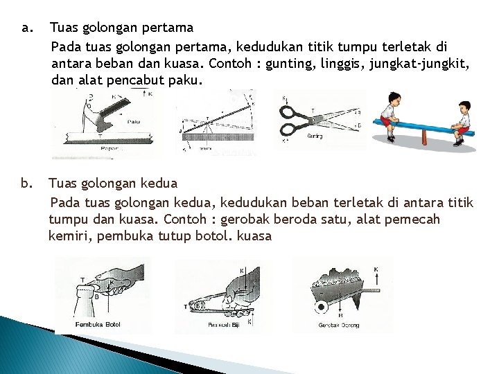 a. Tuas golongan pertama Pada tuas golongan pertama, kedudukan titik tumpu terletak di antara