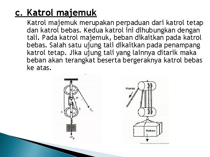 c. Katrol majemuk merupakan perpaduan dari katrol tetap dan katrol bebas. Kedua katrol ini