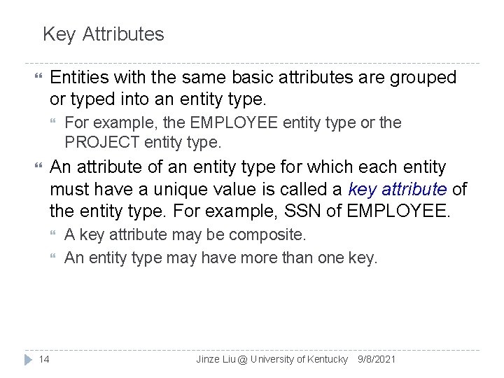 Key Attributes Entities with the same basic attributes are grouped or typed into an