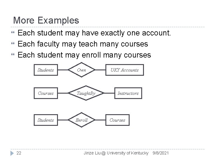 More Examples Each student may have exactly one account. Each faculty may teach many