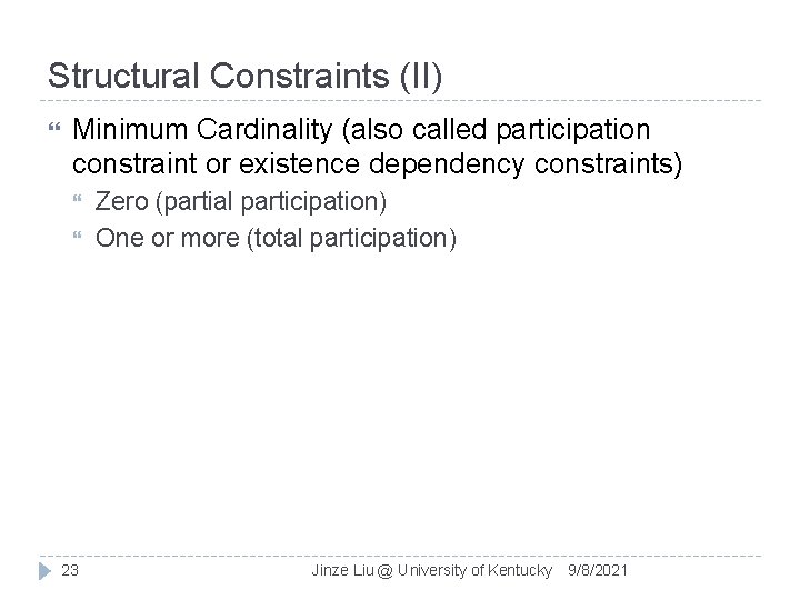 Structural Constraints (II) Minimum Cardinality (also called participation constraint or existence dependency constraints) 23