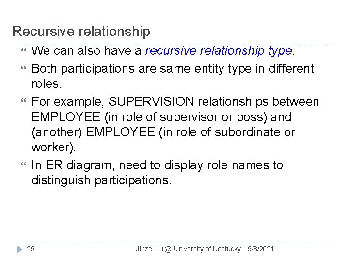 Recursive relationship We can also have a recursive relationship type. Both participations are same