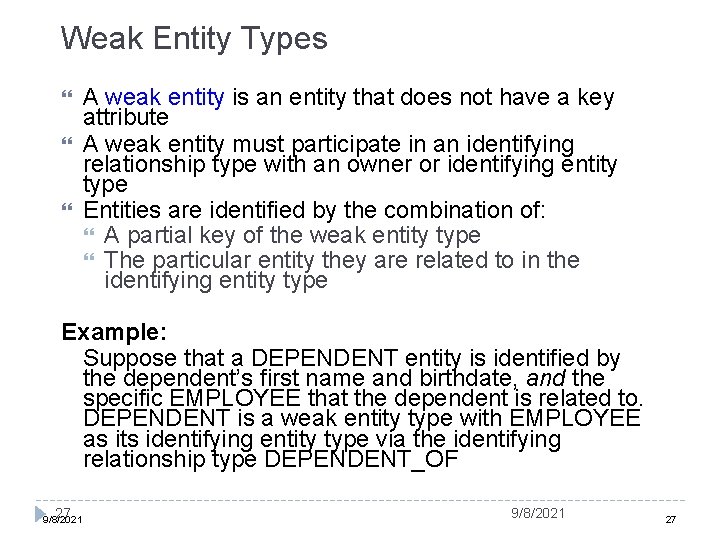 Weak Entity Types A weak entity is an entity that does not have a