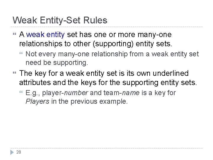 Weak Entity-Set Rules A weak entity set has one or more many-one relationships to