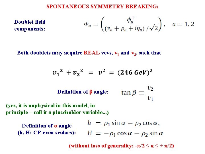 SPONTANEOUS SYMMETRY BREAKING: Doublet field components: Both doublets may acquire REAL vevs, v 1