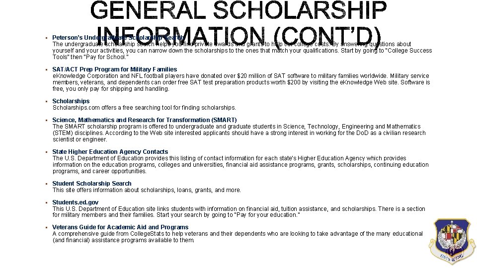 § Peterson’s Undergraduate Scholarship Search The undergraduate scholarship search helps you find private awards § Peterson’s Undergraduate Scholarship Search The undergraduate scholarship search helps you find private awards