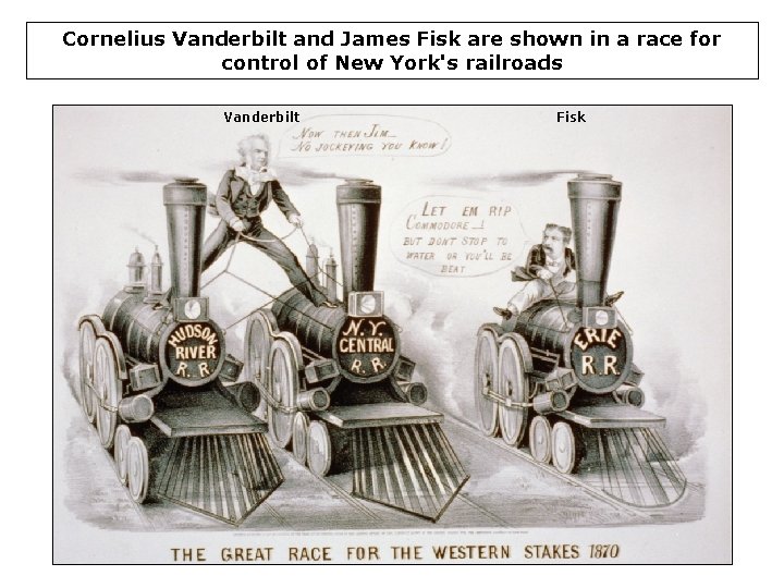 Cornelius Vanderbilt and James Fisk are shown in a race for control of New