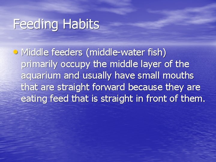 Feeding Habits • Middle feeders (middle-water fish) primarily occupy the middle layer of the