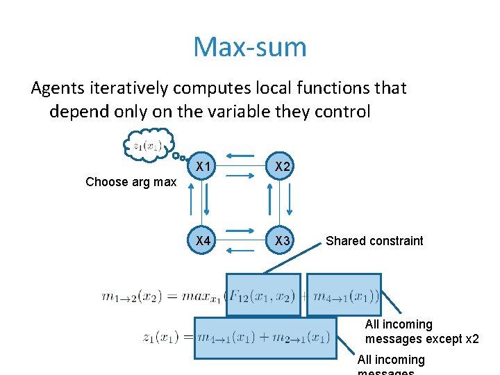 Max-sum Agents iteratively computes local functions that depend only on the variable they control