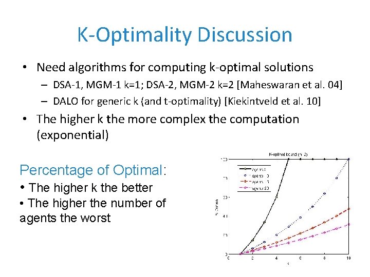 K-Optimality Discussion • Need algorithms for computing k-optimal solutions – DSA-1, MGM-1 k=1; DSA-2,