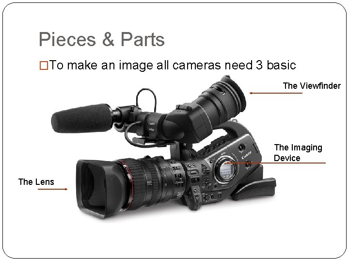 Pieces & Parts �To make an image all cameras need 3 basic parts: The