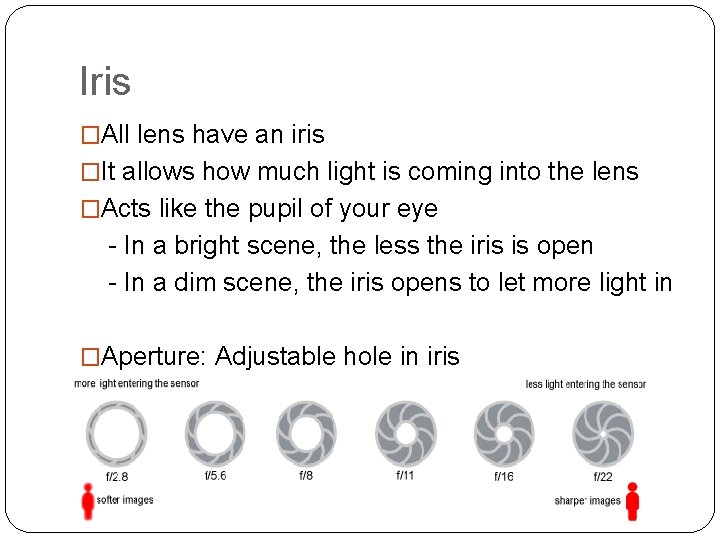 Iris �All lens have an iris �It allows how much light is coming into