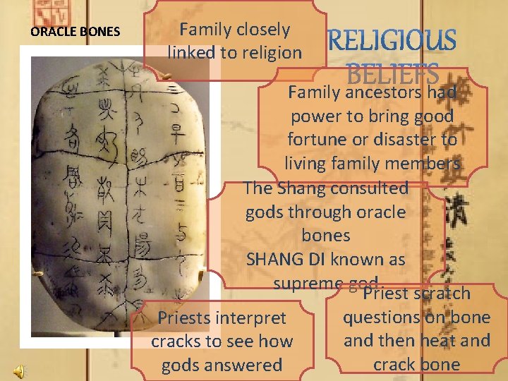 ORACLE BONES Family closely linked to religion Family ancestors had power to bring good