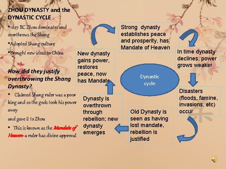 ZHOU DYNASTY and the DYNASTIC CYCLE • 1027 BC Zhou dominates and overthrows the