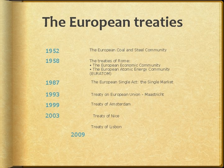 The European treaties 1952 The European Coal and Steel Community 1958 The treaties of