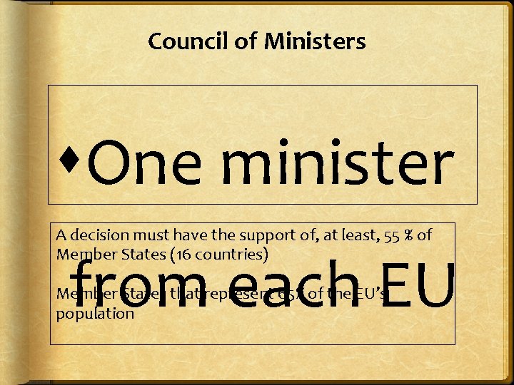 Council of Ministers One minister A decision must have the support of, at least,