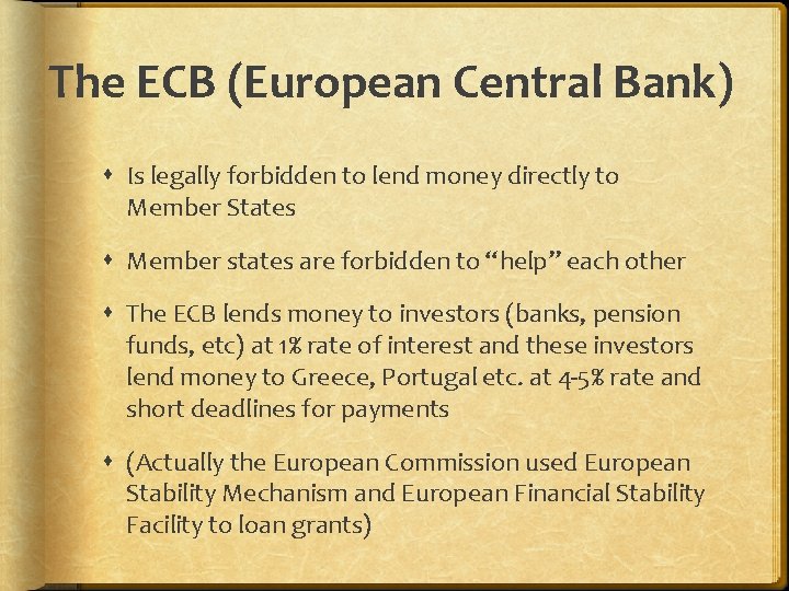 The ECB (European Central Bank) Is legally forbidden to lend money directly to Member