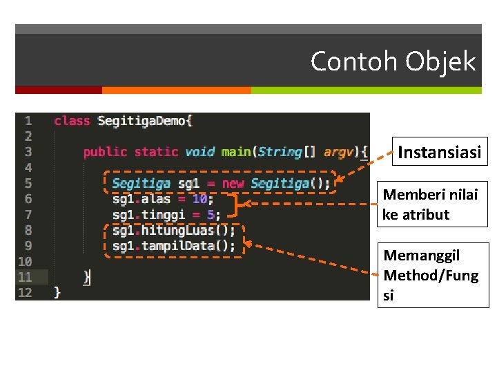 Contoh Objek Instansiasi Memberi nilai ke atribut Memanggil Method/Fung si 