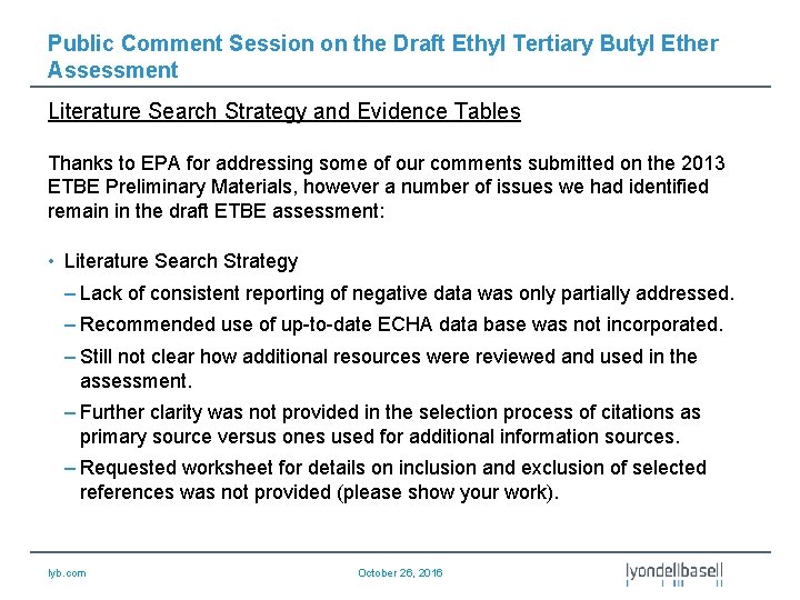 Public Comment Session on the Draft Ethyl Tertiary Butyl Ether Assessment Literature Search Strategy