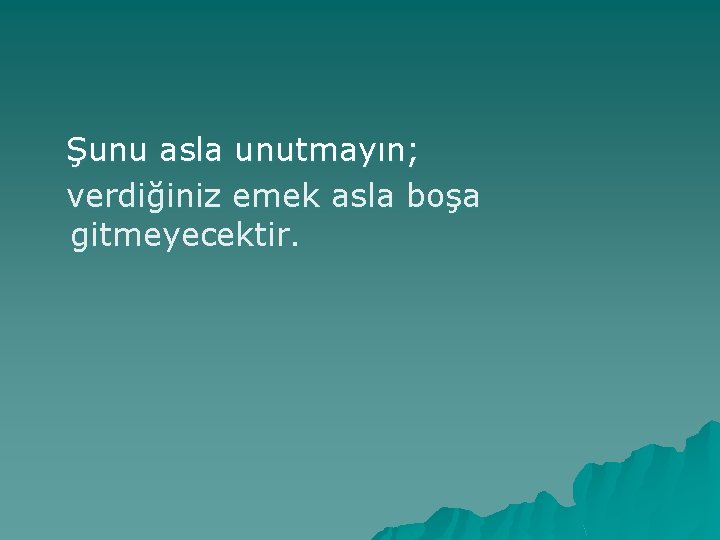 Şunu asla unutmayın; verdiğiniz emek asla boşa gitmeyecektir. 