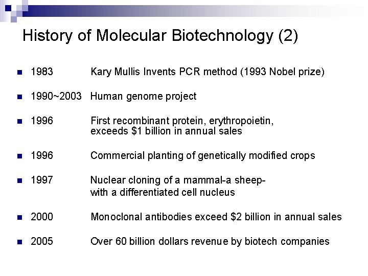 History of Molecular Biotechnology (2) n 1983 Kary Mullis Invents PCR method (1993 Nobel
