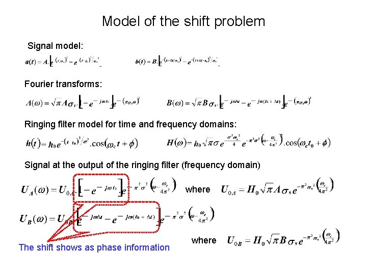 Model of the shift problem Signal model: Fourier transforms: Ringing filter model for time