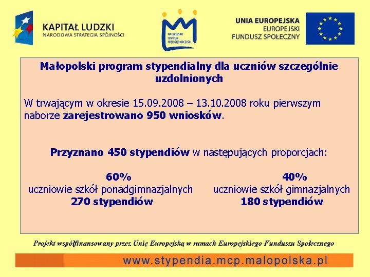 Małopolski program stypendialny dla uczniów szczególnie uzdolnionych W trwającym w okresie 15. 09. 2008